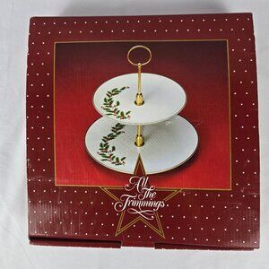 All The Trimmings 2 Tiered Tidbit Server Holly Leaves & Berries Gold Trimmed Vtg